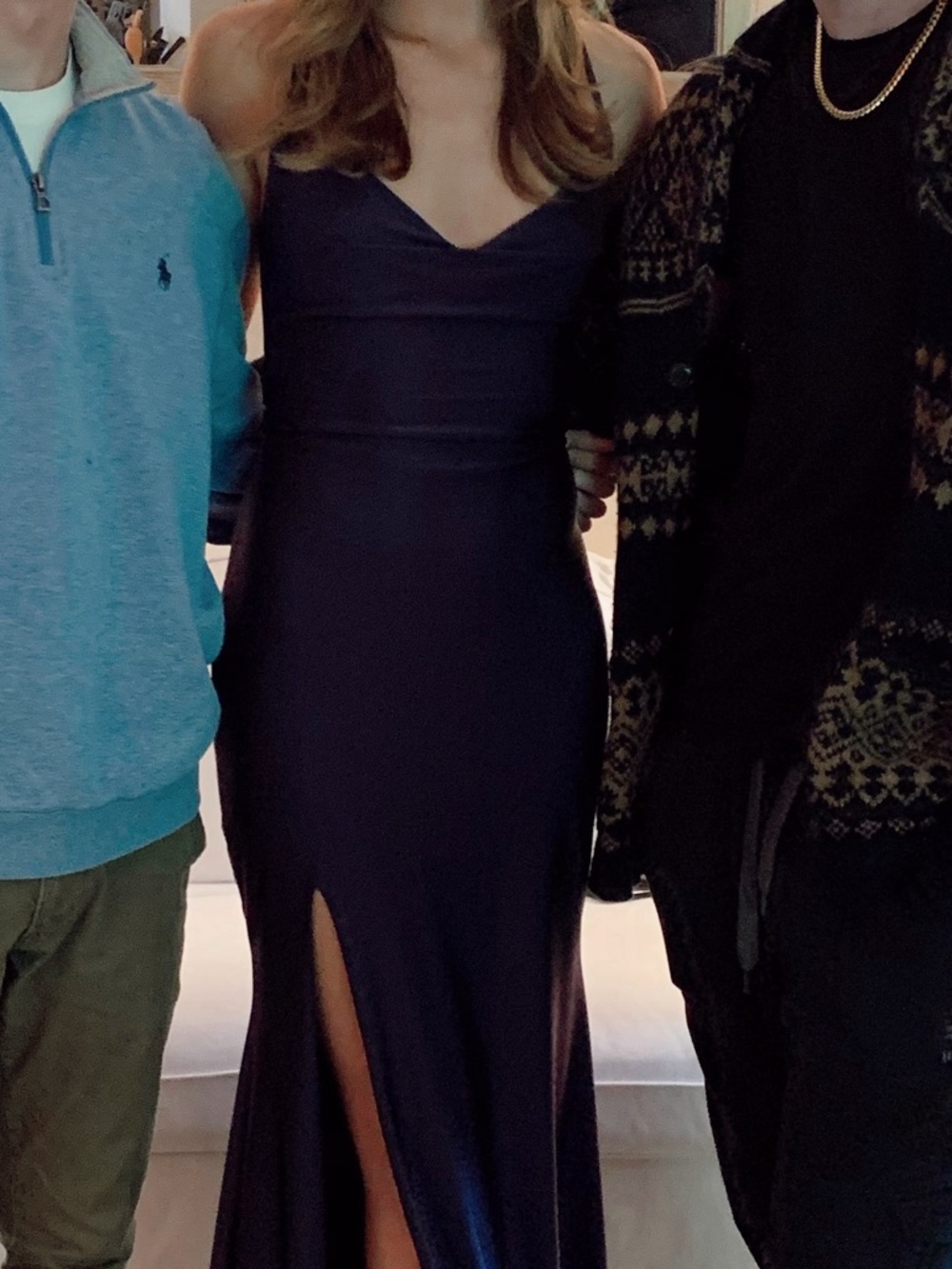 Navy Satin Evening Gown with Front Slit